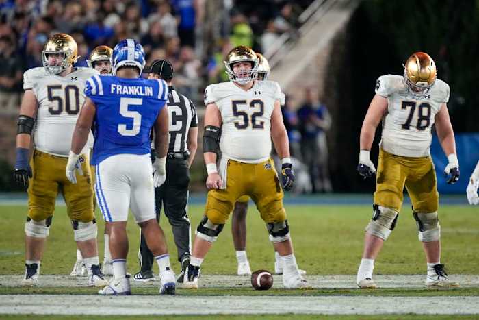 Sep 30, 2023; Durham, North Carolina, USA; Notre Dame Fighting Irish offensive lineman Rocco Spindler (50), offensive lineman Zeke Correll (52) and offensive lineman Pat Coogan (78) during the second half against the Duke Blue Devils at Wallace Wade Stadium. Mandatory Credit: Jim Dedmon-USA TODAY Sports